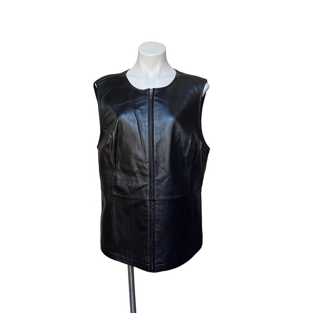 Vintage 90s Women's Leather Vest Knit Back Plus Size 22W Black